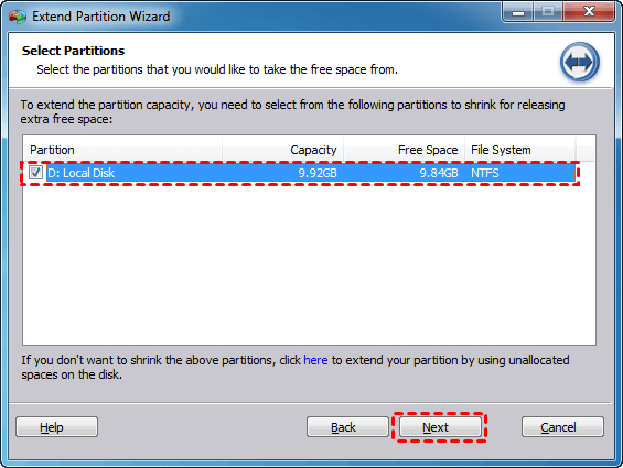 Select Partition to Release Space